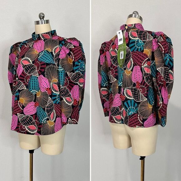 NWT Farm Rio Mock Neck Shell Print Blouse Sz M Boho Coastal Beachy Tribal Batik - Picture 3 of 13
